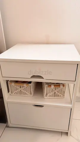 White IKEA-style Bedside Table with Drawer and Storage Bins