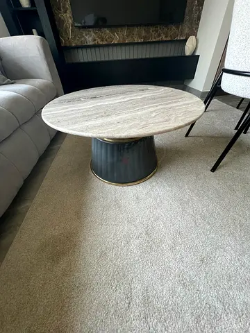 Round Marble-Top Coffee Table with Drum Base - Good Condition