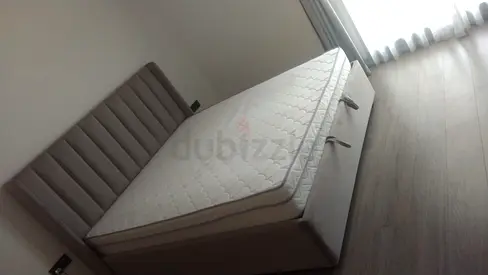 Queen upholstered bed frame with mattress - light grey, good condition Good quality