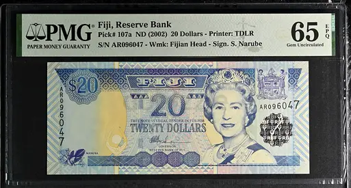 FIJI 20 DOLLARS BANKNOTE 2002 PMG 65
