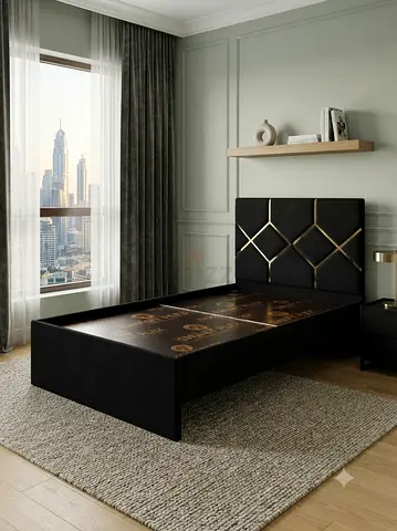 Single black upholstered bed frame with geometric headboard