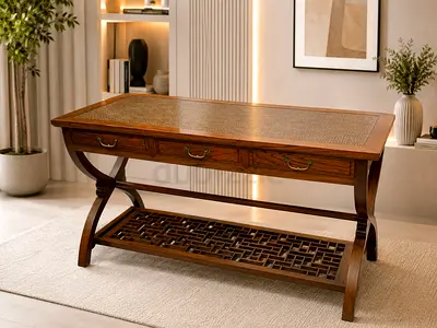 Wooden Study Desk with Drawers and Lower Shelf - Classic Design