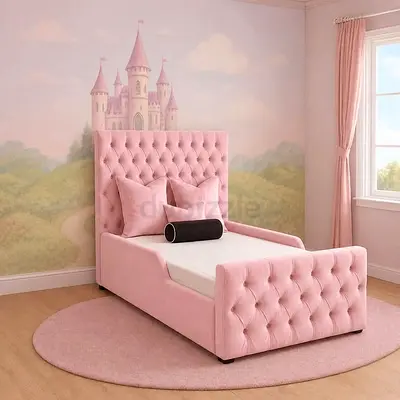 Pink Velvet Single Bed with Tufted Headboard and Footboard