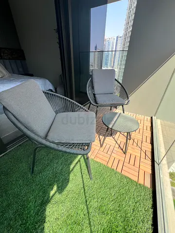 Outdoor balcony set — 2 woven chairs with small side table