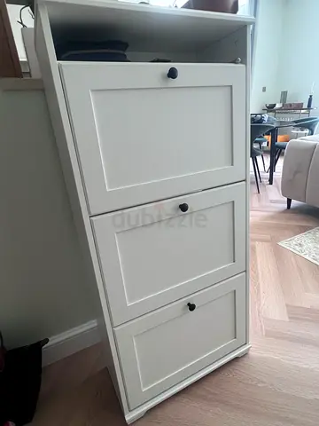 White 3-Door shoe Cabinet with stool - Good Condition. Great for entrance hall area.
