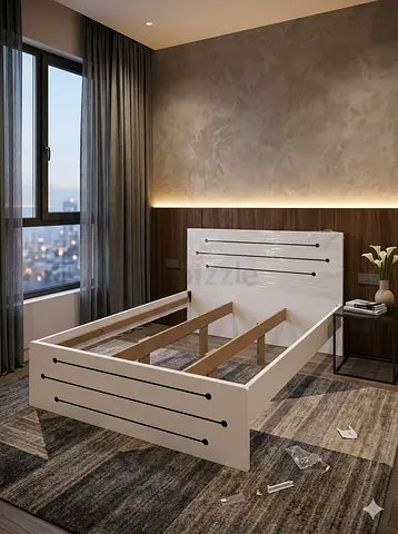 White Queen Bed Frame with Headboard — Modern Minimalist