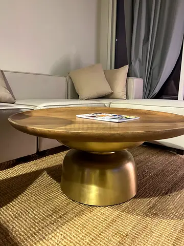 Modern Round Wooden Coffee Table with Gold Pedestal Base