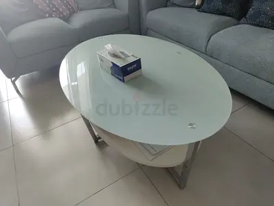 Glass Top Oval Coffee Table with Shelf and Metal Legs - Good Condition
