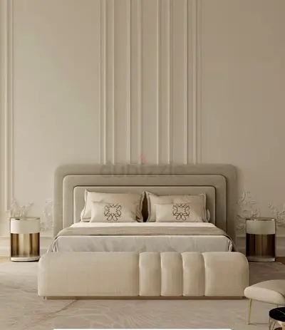 Beige Upholstered King Bed Frame with Padded Headboard and Bench