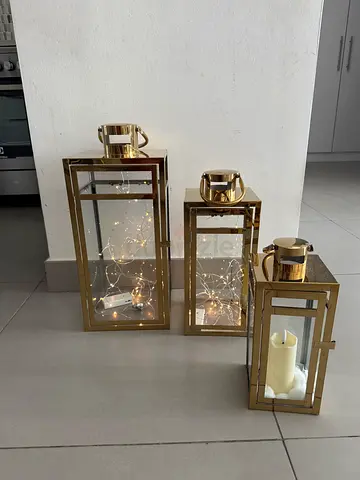 Set of 3 Gold stainless steel & Glass Lanterns