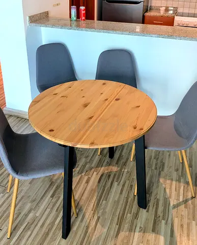 Round Wooden Dining Table with 4 Grey Chairs - Compact Set