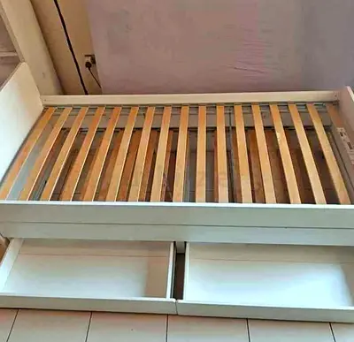 Ikea white slkat bed with ikeam double mattress and 2 drawers also