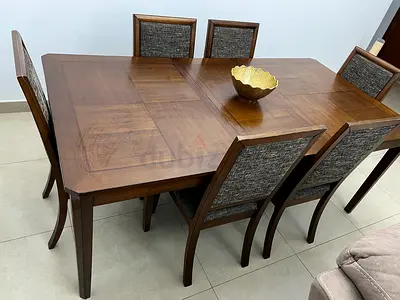 Solid Wood 6-Seater Dining Table with Cushioned Chairs - Dark Finish