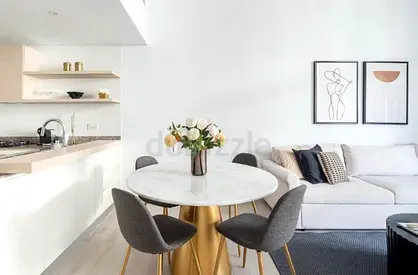 Round Marble Top Dining Table with 4 Grey Upholstered Chairs - Modern Set