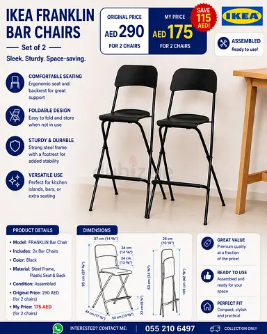 IKEA FRANKLIN Bar Chairs Set of 2 - Black, Foldable, Assembled