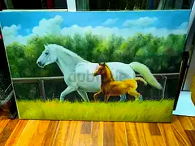 Original Horse Painting on Canvas - Mare and Foal Landscape-93x63cm