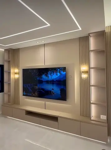 Built-in Modern TV Entertainment Unit with Shelving - Neutral Beige