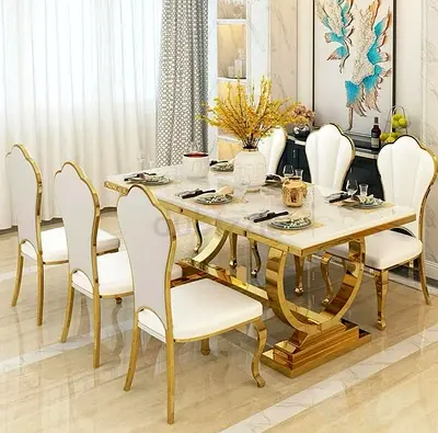 Modern Marble Top Dining Table with 6 Gold Accent Chairs