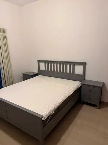 Grey Wooden Double Bed with Two Matching Nightstands - Good Condition