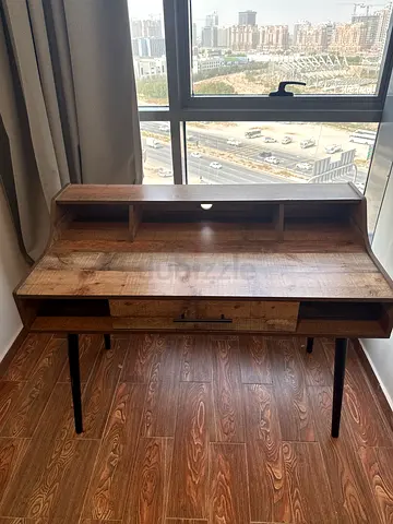 Wooden study desk with shelves and metal legs - good condition