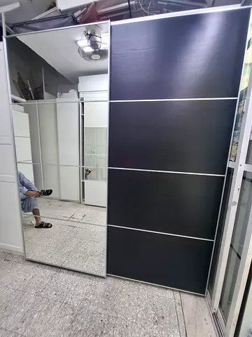 Large Sliding Wardrobe with Mirrored Panels - Dark Wood Finish