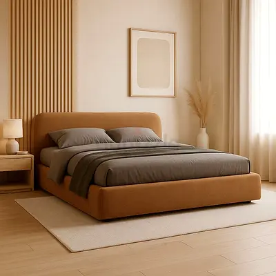 Modern Upholstered Bed Frame in Tan Brown