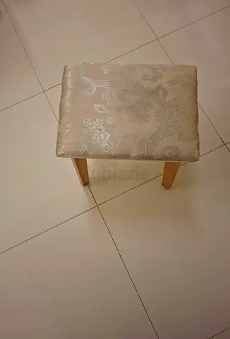 Small Upholstered Stool with Wooden Legs - Light Beige