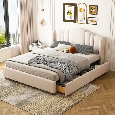 Modern Upholstered Bed Frame with Storage Drawers