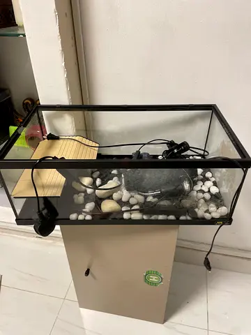 Glass terrarium/tank with substrate and lamp - good condition with filter linear light heater turtle