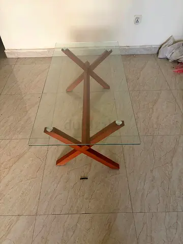 Glass Top Coffee Table with Wooden X-Base — Good Condition