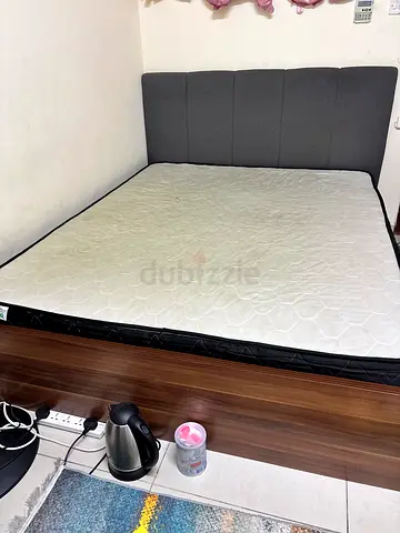 Queen fabric bed frame with mattress - good condition