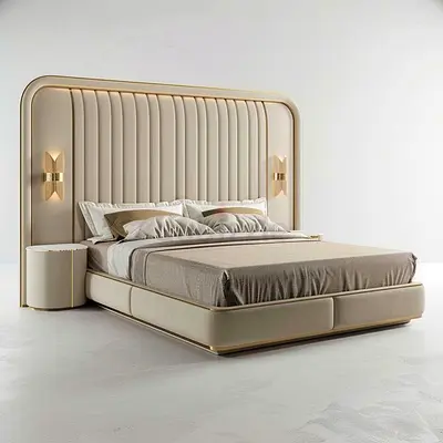 Modern Beige Upholstered King Bed with Integrated Headboard and Nightstands