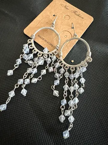 Silver hoop chandelier earrings with clear crystal dangles - new