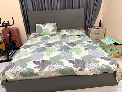 King size platform bed with headboard and mattress