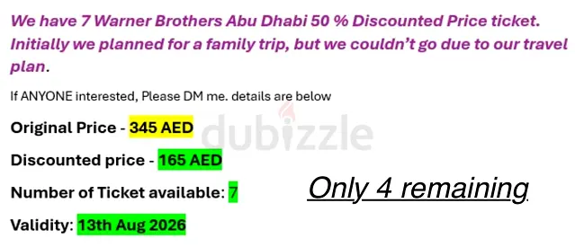 Selling Warners brothers Abhudabi tickets