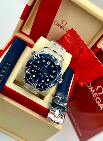 This is an Omega Seamaster Diver 300M, a luxury Swiss watch model featuring a distinct blue ceramic