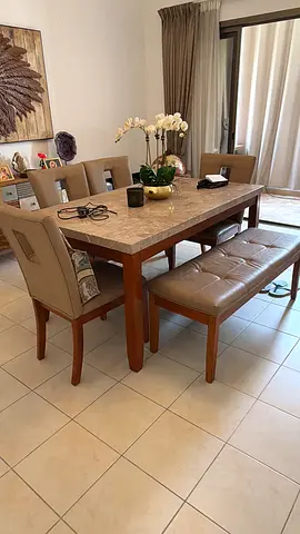 Wooden Dining Table with Bench and 6 Chairs - chairs need refurbishment hence free