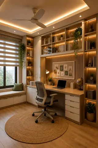 Built-in wooden home office desk with shelving and cabinets