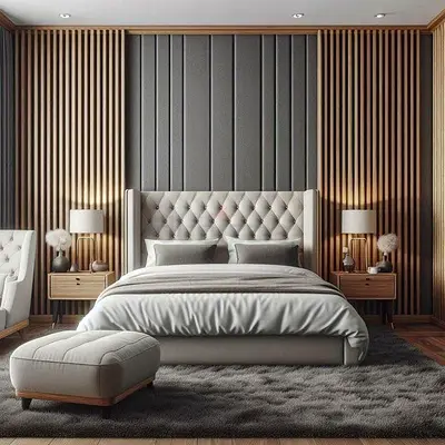Upholstered King Bed with Matching Nightstands and Rug - Modern Bedroom Set