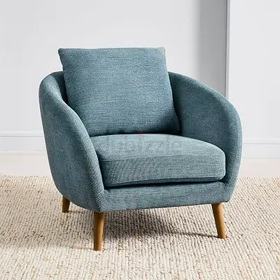 Blue Fabric Armchair with Wooden Legs