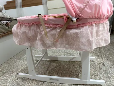 Juniors Pink Baby Bassinet/Moses with Wooden Stand - Good Condition