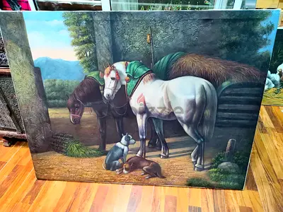 Framed Vintage Oil Painting of Horses and Dogs-122x94cm