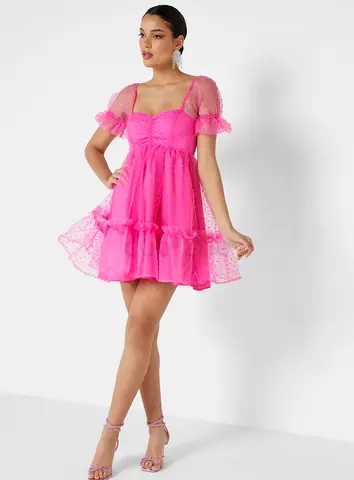 Pink Mesh Polka Dot Babydoll Dress