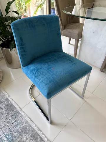 4x Blue upholstered dining chair with chrome cantilever frame - good condition