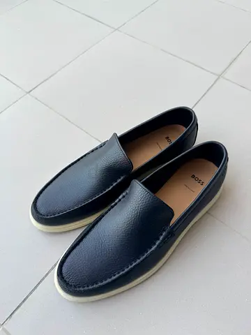 Boss Dark Blue Tumbed-leather Moccasins With Logo Detail