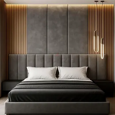 Modern upholstered king bed frame with padded headboard - grey
