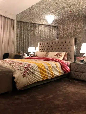 Queen size tufted upholstered bed with matching nightstands - grey