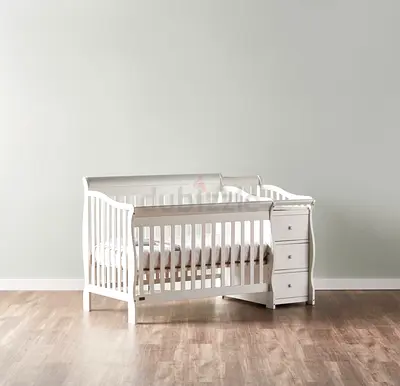 White Convertible Baby Crib with Attached Dresser - Crib + Mattress Bundle