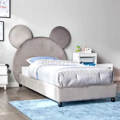 2 Single children's beds with cute mouse-ear headboard - grey upholstered | 1,150 each or 2k both