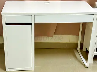 White Modern Study/Computer Desk with Cable Hole and Storage Cabinet